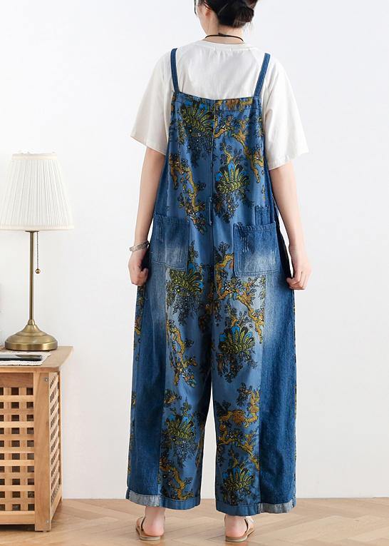 Spring original literary fashion retro ethnic style blue printed loose denim overalls