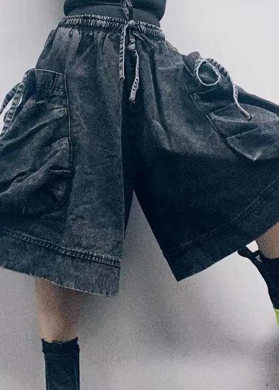 Streetwear Black Elastic Waist Big Pockets Cotton Wide Led Shorts Summer