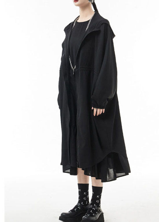 Streetwear Black zippered Hooded drawstring Chiffon trench coats Spring