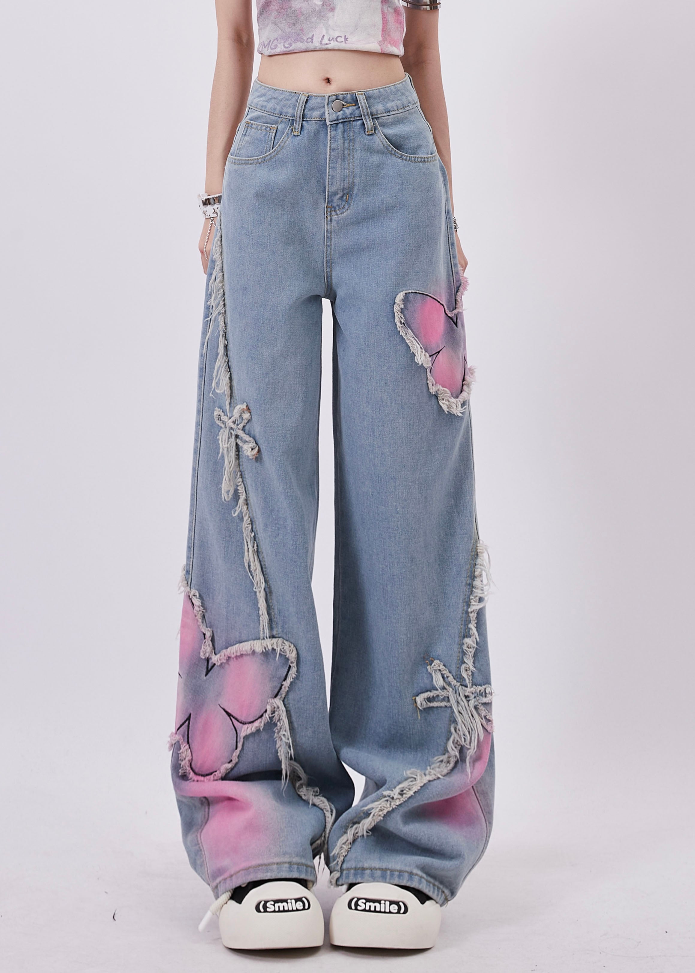 Streetwear Blue Butterfly Patch Tassel Denim Straight Pants Spring