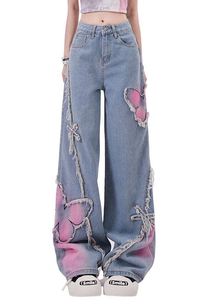 Streetwear Blue Butterfly Patch Tassel Denim Straight Pants Spring