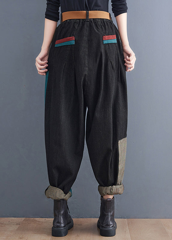 Streetwear Colorblock Pockets Patchwork Cotton Denim Harm Pants Summer