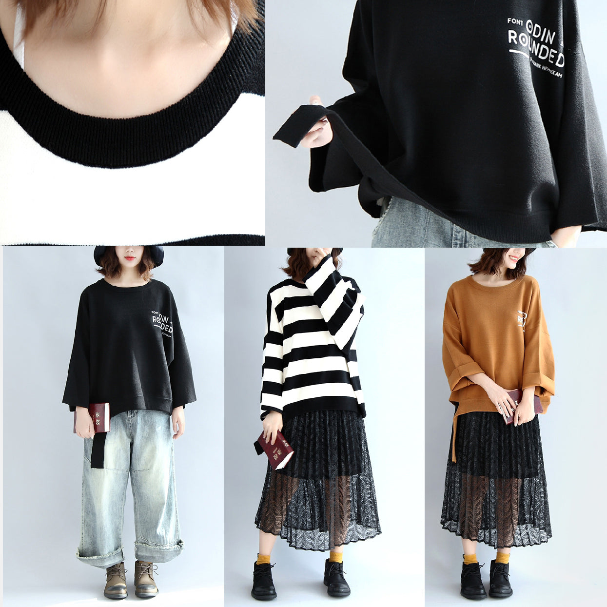 Strip winter woolen tops oversized black and white striped pullover t shirts