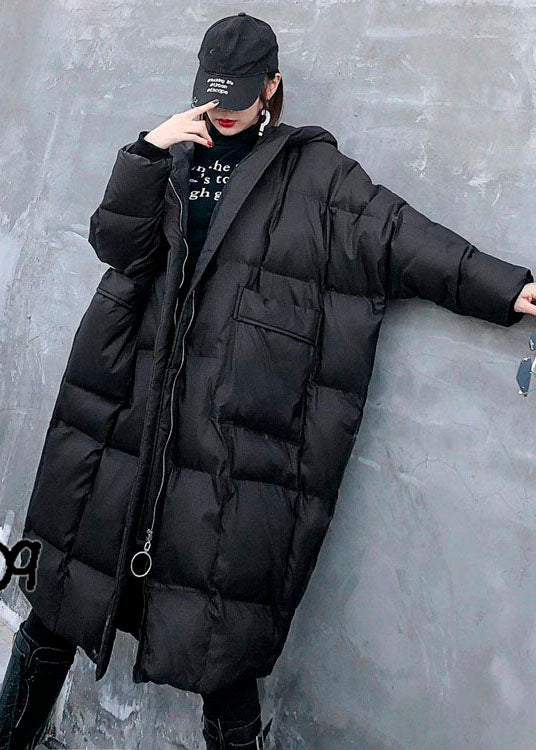 Style Black Hooded Pockets Zippered Winter Long Sleeve Down Coats