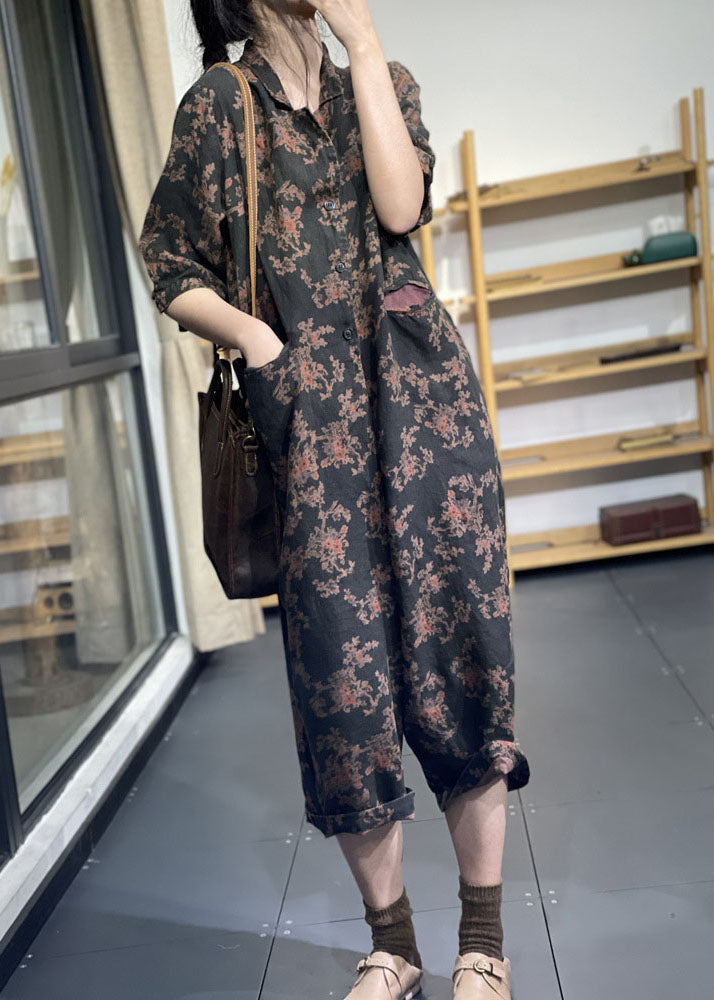 Style Black Oversized Print Linen Overalls Jumpsuit Half Sleeve