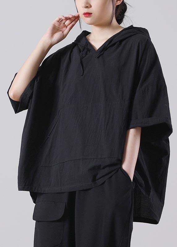 Style Black Pockets Loose Cotton Blouse Top Summer