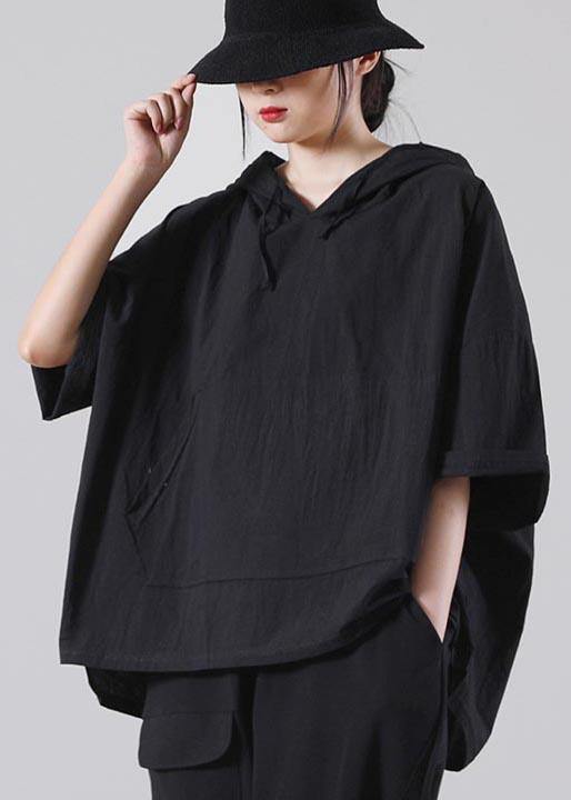 Style Black Pockets Loose Cotton Blouse Top Summer