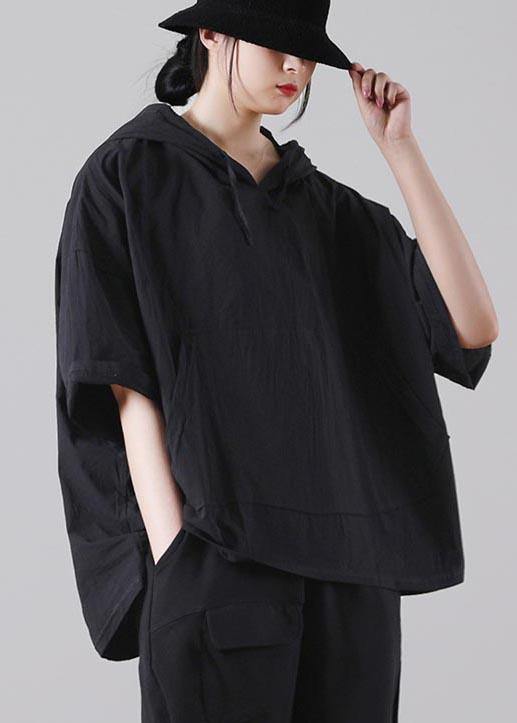 Style Black Pockets Loose Cotton Blouse Top Summer