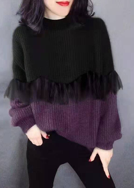 Style Black Purple fashion O-Neck Patchwork Fall Knitted sweaters