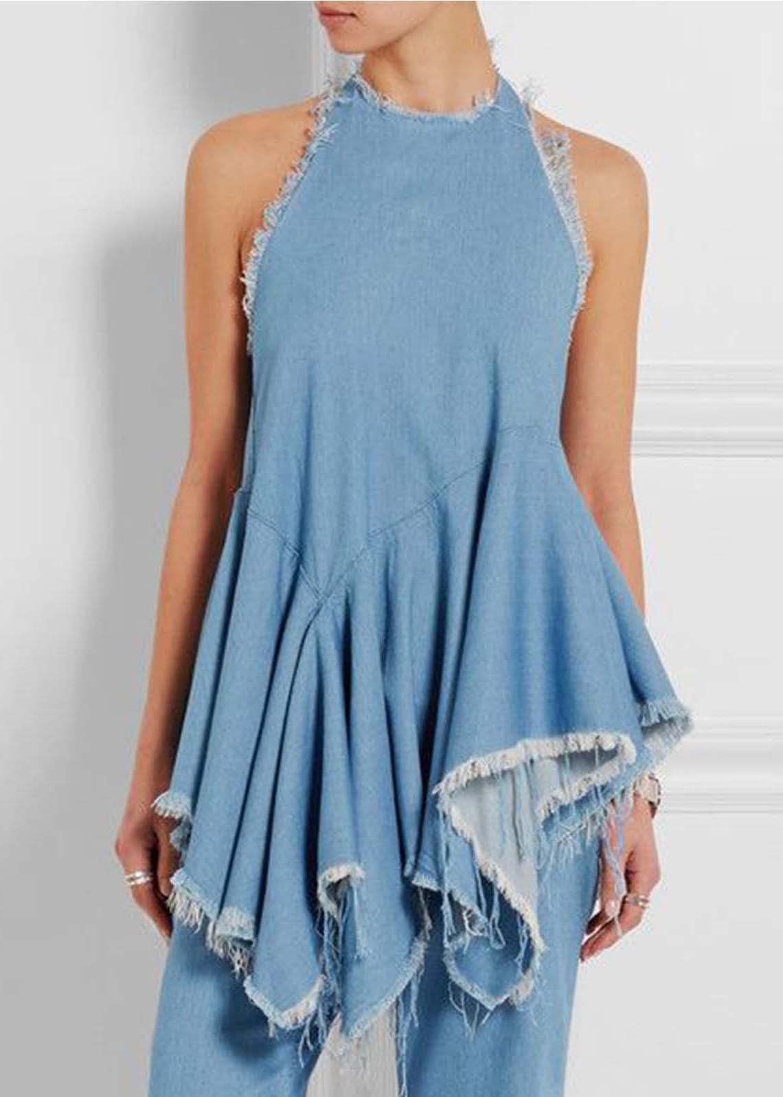 Style Blue Asymmetrical Design Exra Large Hem Denim Vests Sleeveless