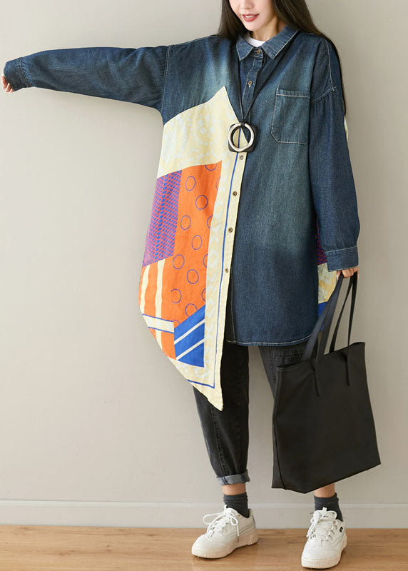 Style Blue Asymmetrical Pockets Patchwork Cotton denim Coats Spring