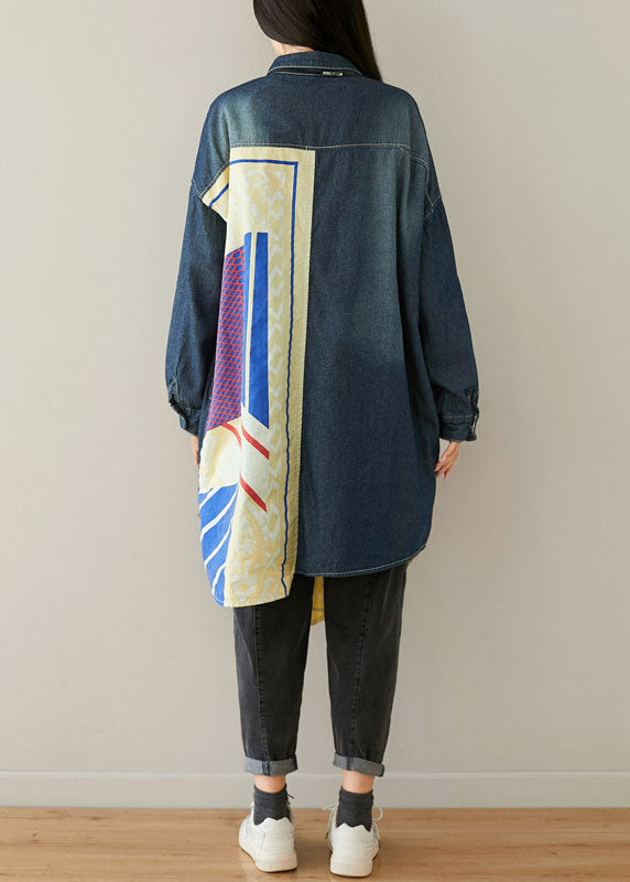 Style Blue Asymmetrical Pockets Patchwork Cotton denim Coats Spring