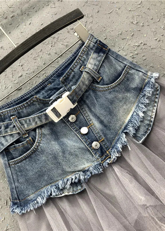 Style Blue Asymmetrical Tulle Patchwork Denim Skirts Summer