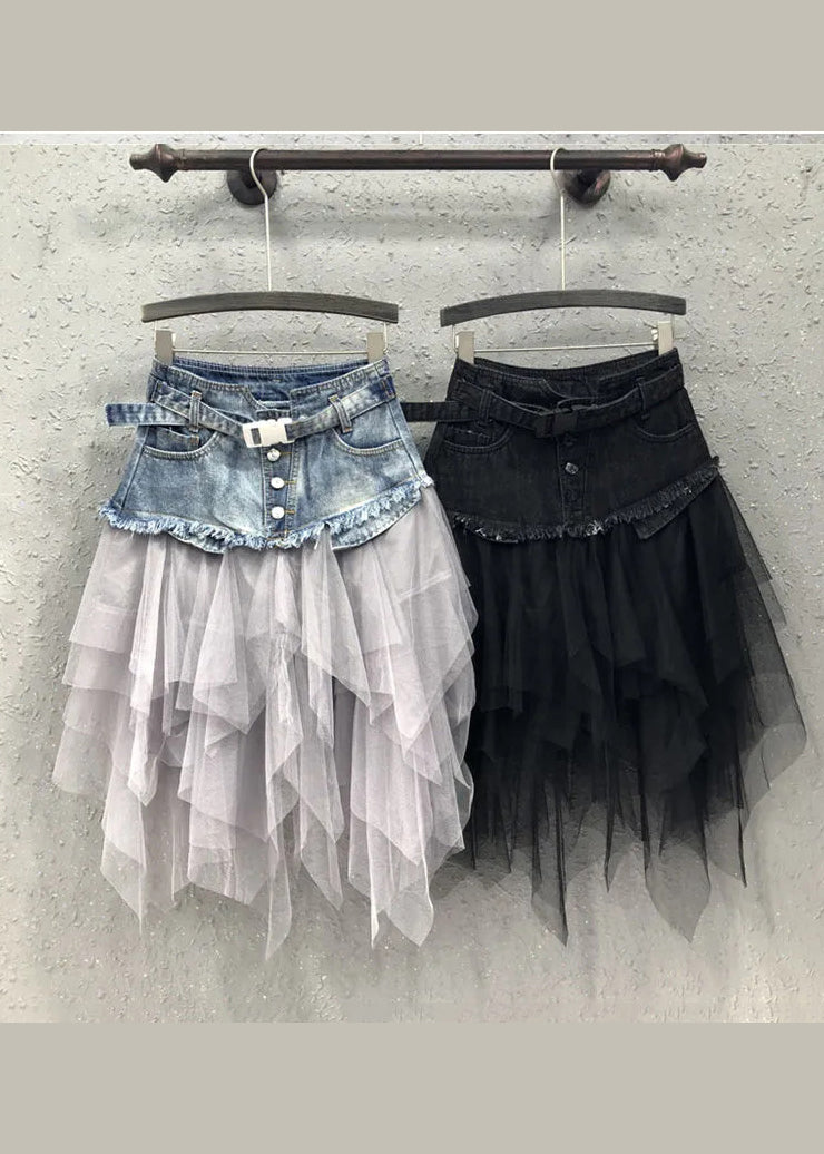 Style Blue Asymmetrical Tulle Patchwork Denim Skirts Summer