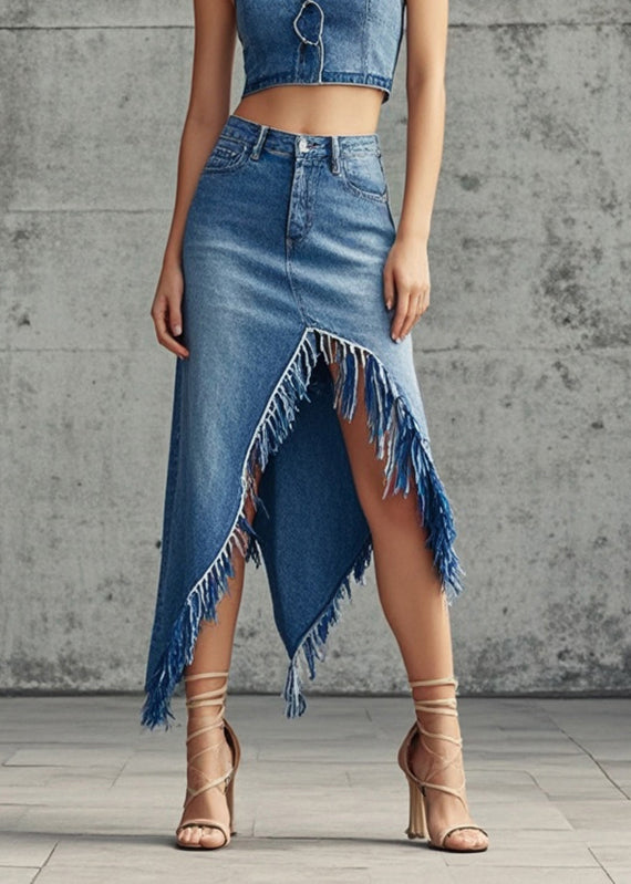 Style Blue Denim Wraped Skirts Asymmetrical Design Spring