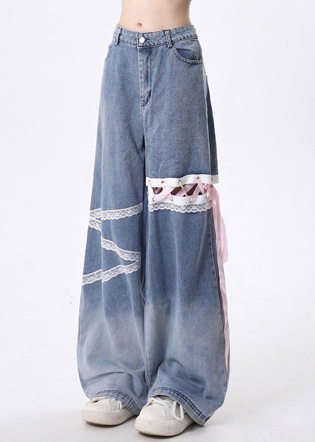 Style Blue Hollow Out Lace Up Denim Straight Pants Spring