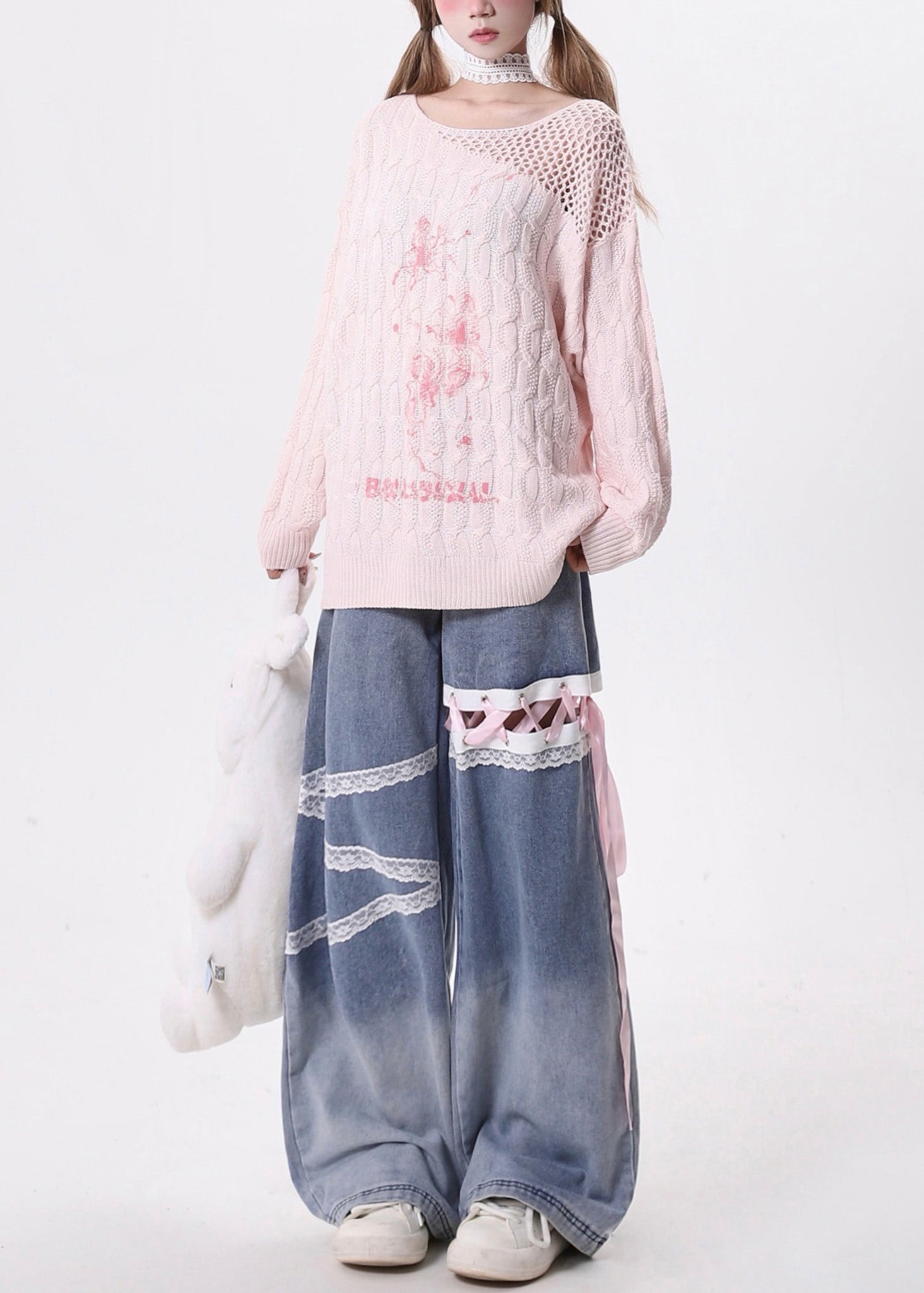 Style Blue Hollow Out Lace Up Denim Straight Pants Spring