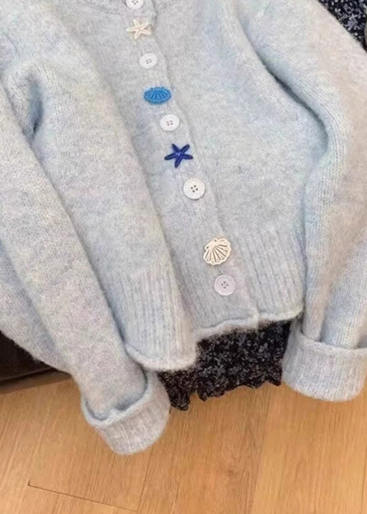 Style Blue O Neck Button Knit Cardigans Coat Spring