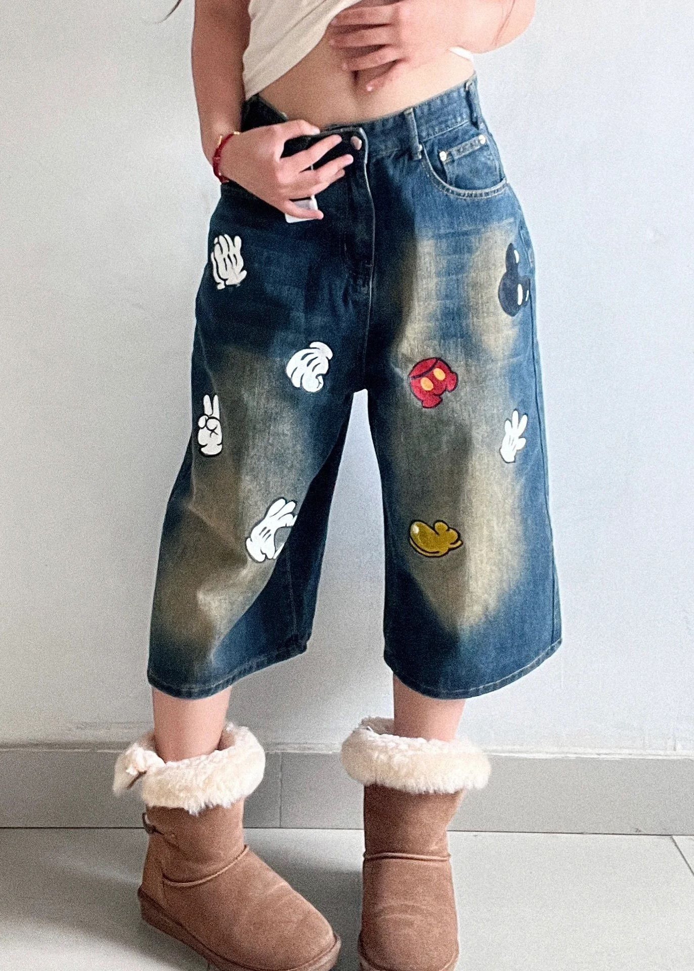 Style Blue Pockets Print Denim Crop Pants Spring