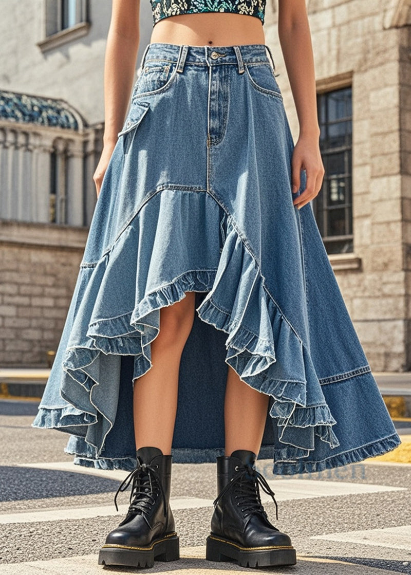 Style Blue Ruffled Exra Large Hem Denim Skirts Spring