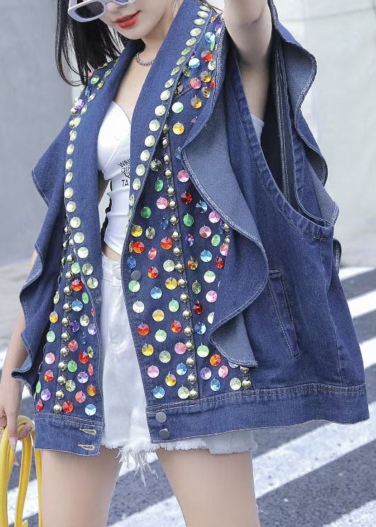 Style Blue Ruffled Nail Bead Sequins Patchwork Denim Vest Sleeveless