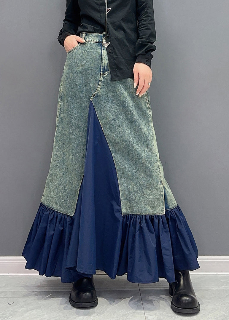 Style Blue Ruffled Pockets Patchwork Slim Fit Denim Skirt Fall