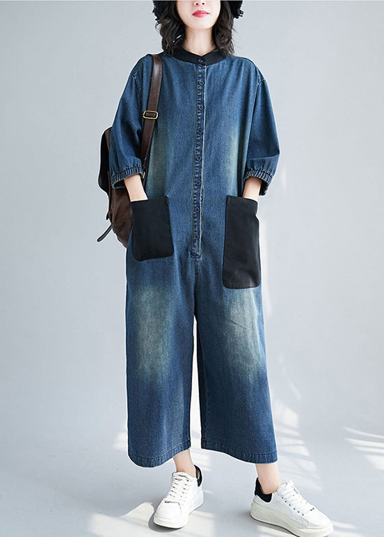 Style Blue Stand Collar Oversized Patchwork Pockets Denim Jumpsuits Summer