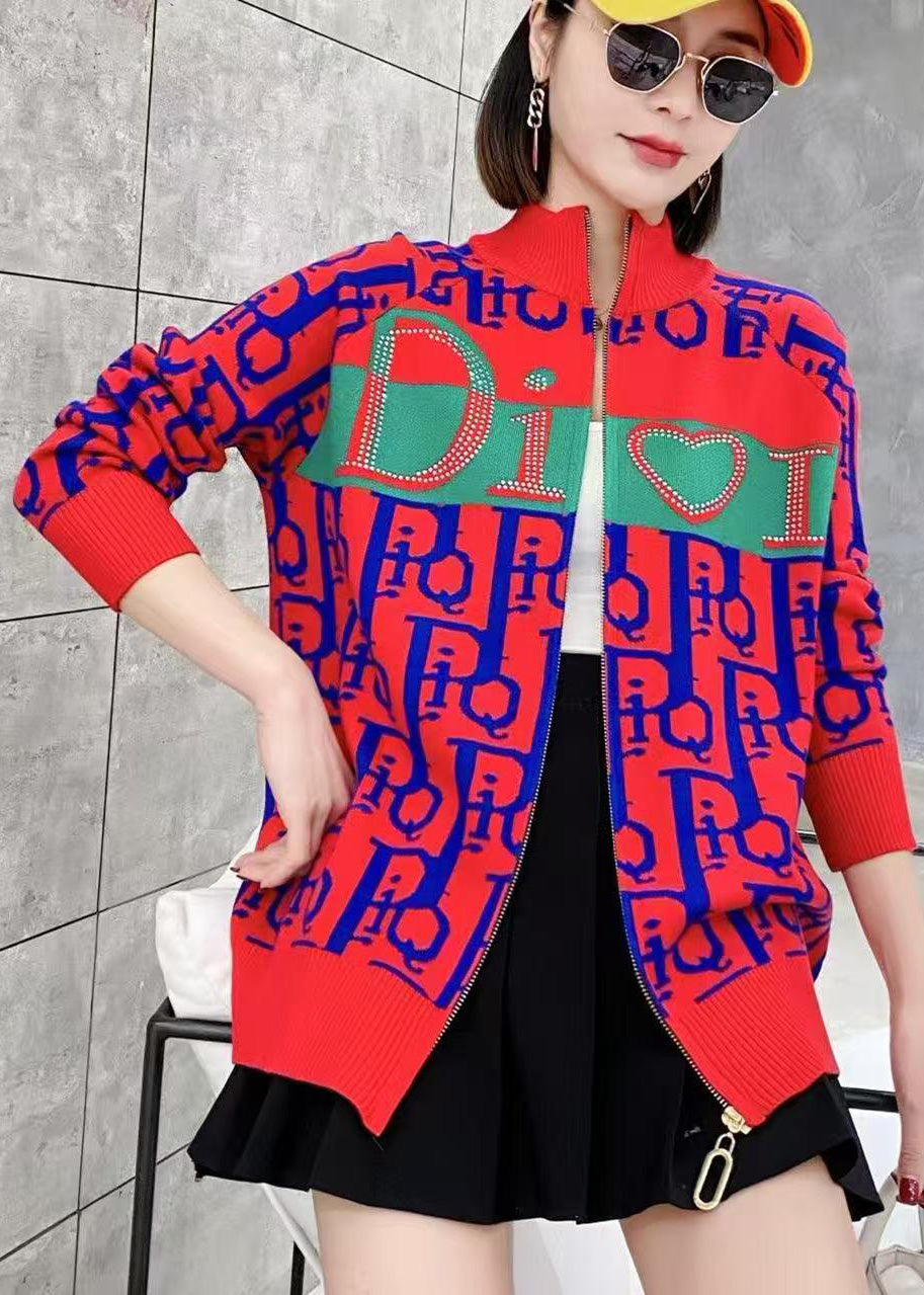 Style Blue Zip Up Graphic Zircon Knit Cardigans Spring