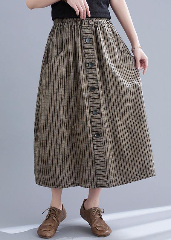 Style Brown StripedButton CottonLinen Skirts Summer