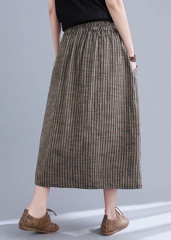 Style Brown StripedButton CottonLinen Skirts Summer