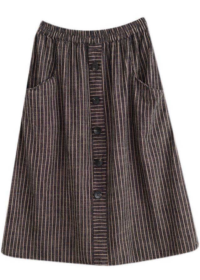 Style Brown StripedButton CottonLinen Skirts Summer