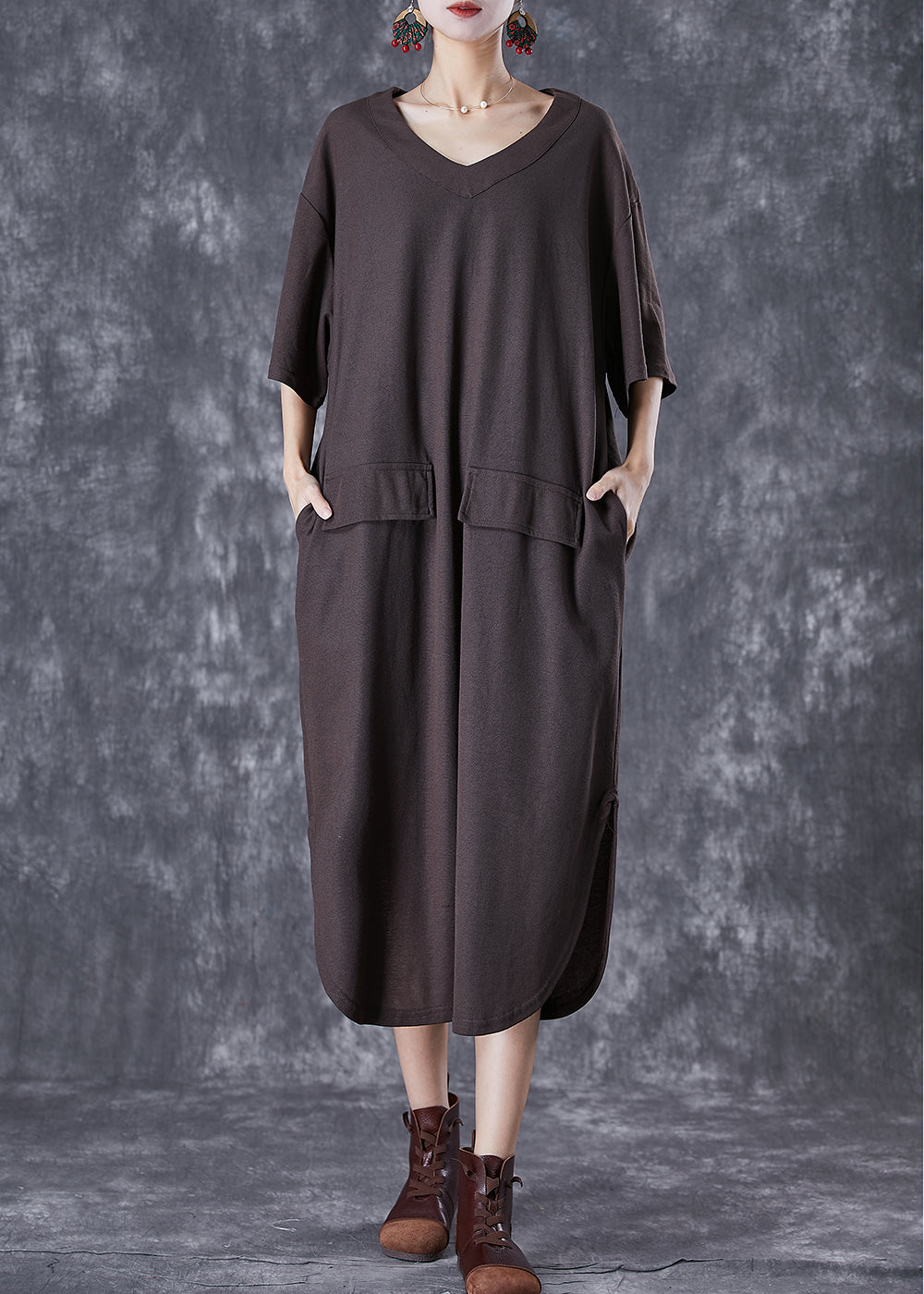 Style Chocolate Oversized Side Open Cotton Long Dress Summer