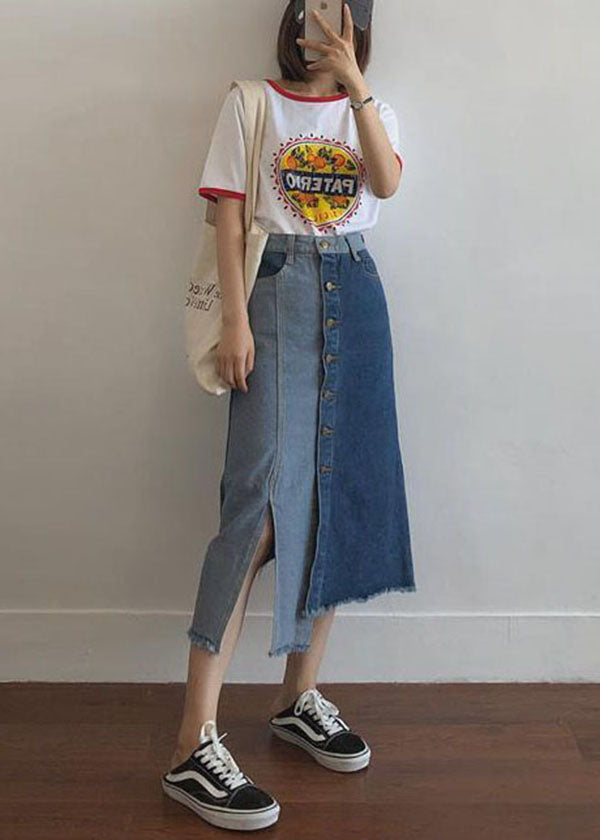 Style Colorblock Asymmetrical Patchwork Tasseled Denim Skirts Summer