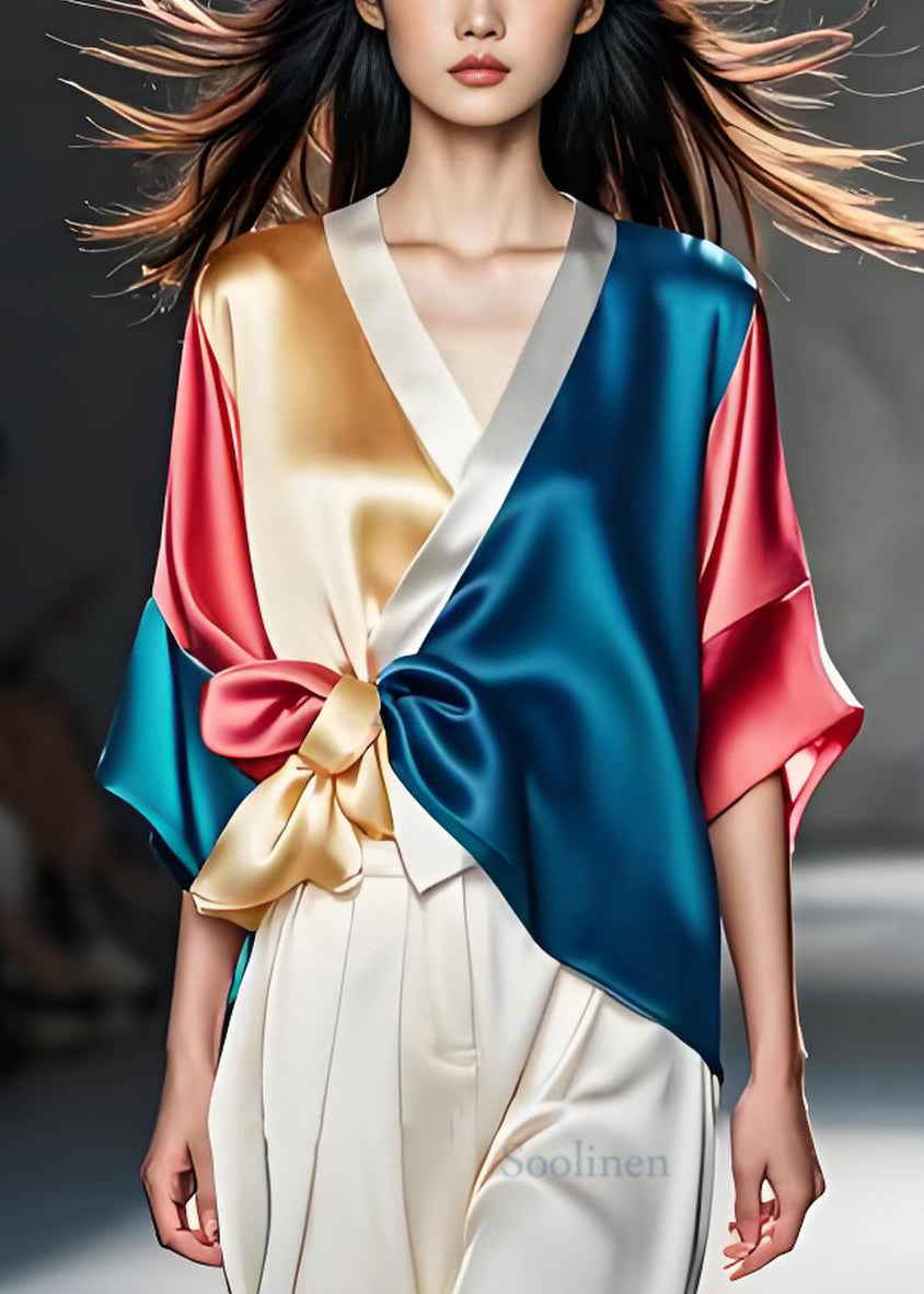 Style Colorblock V Neck Bow Patchwork Silk Shirt Summer