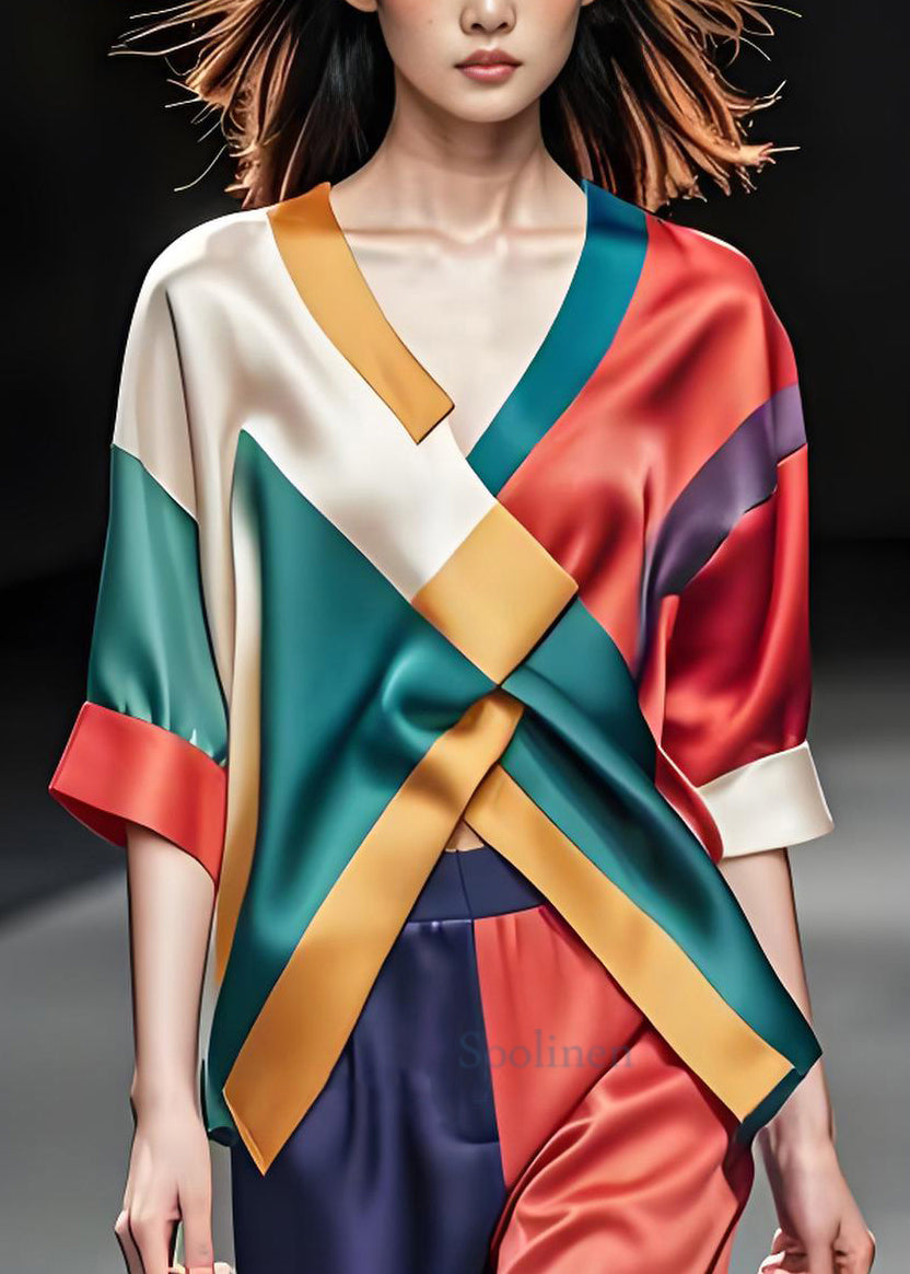 Style Colorblock V Neck Cross Patchwork Silk Top Summer