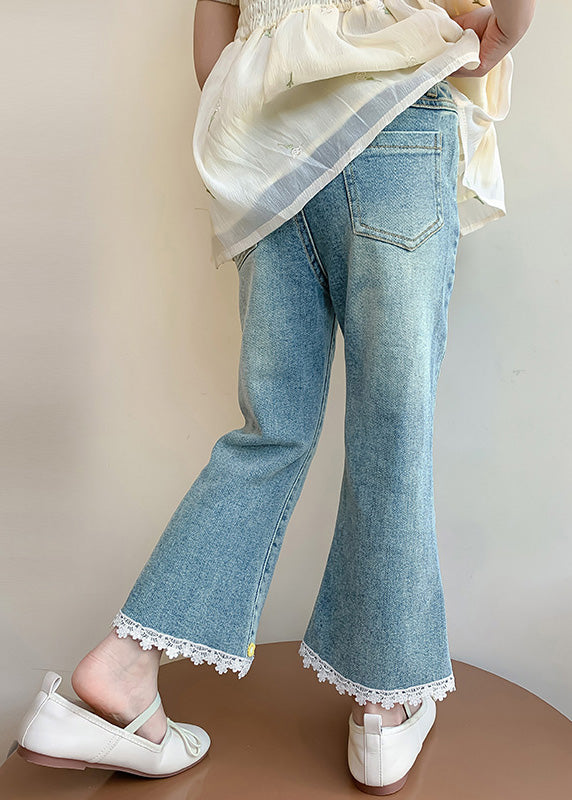 Style Denim Blue High Waist Patchwork Kids Crop Flared Pants Spring