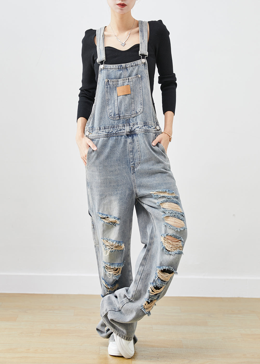 Style Denim Blue Oversized Cotton Ripped Jumpsuit Fall