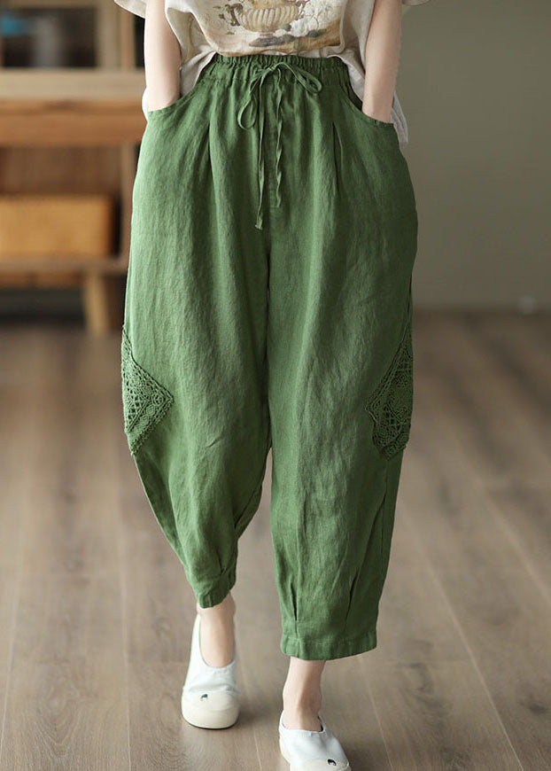 Style Green Elastic Waist Oversized Pockets Linen Harem Pants Fall