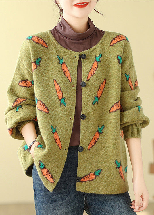 Style Green Oversized Print Knit Cardigans Spring