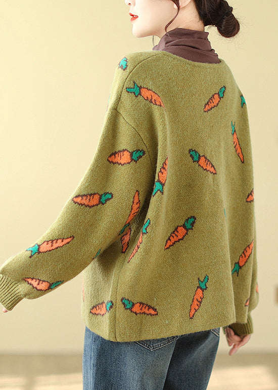 Style Green Oversized Print Knit Cardigans Spring