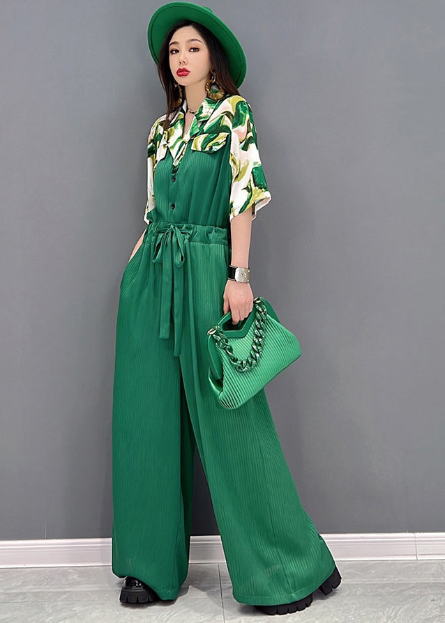 Style Green Peter Pan Collar Drawstring Print Chiffon Jumpsuit Short Sleeve