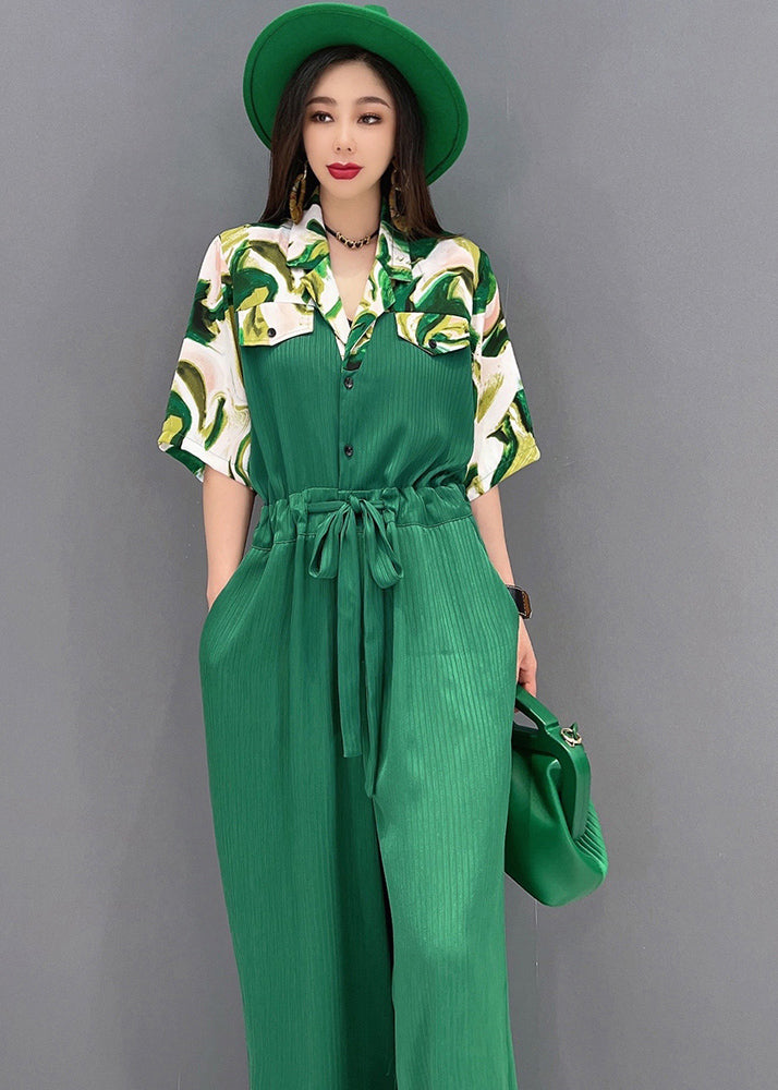 Style Green Peter Pan Collar Drawstring Print Chiffon Jumpsuit Short Sleeve