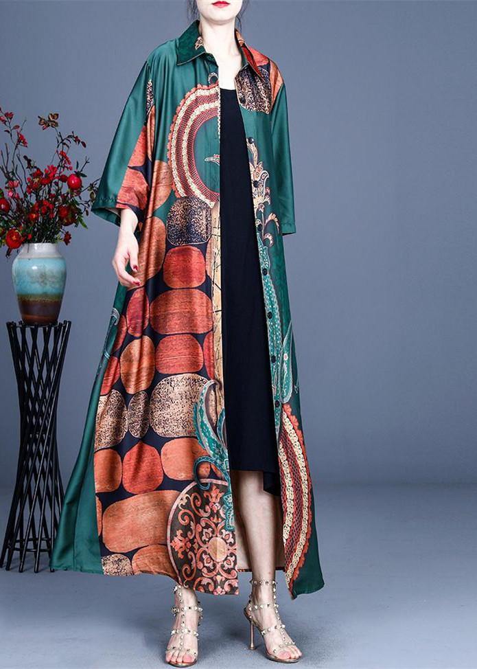 Style Green Print Summer Silk Half Sleeve Cardigans Long