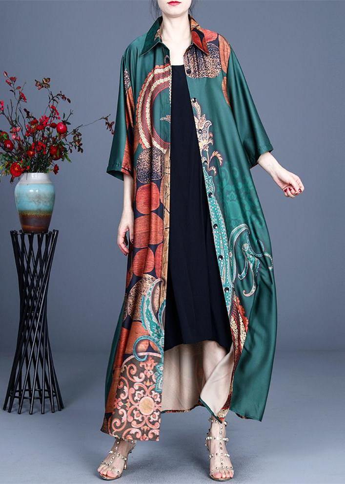 Style Green Print Summer Silk Half Sleeve Cardigans Long