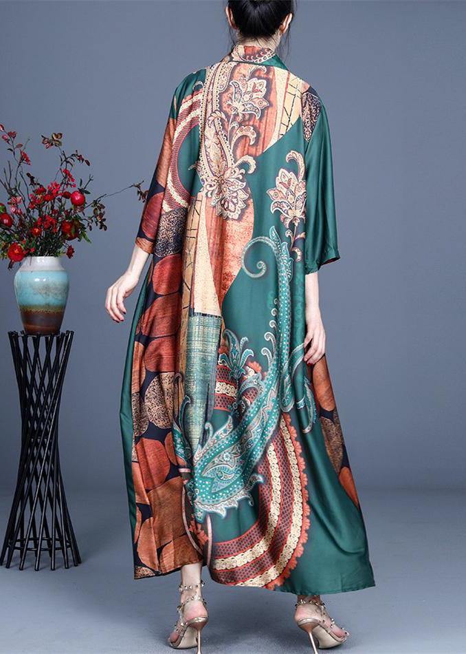 Style Green Print Summer Silk Half Sleeve Cardigans Long