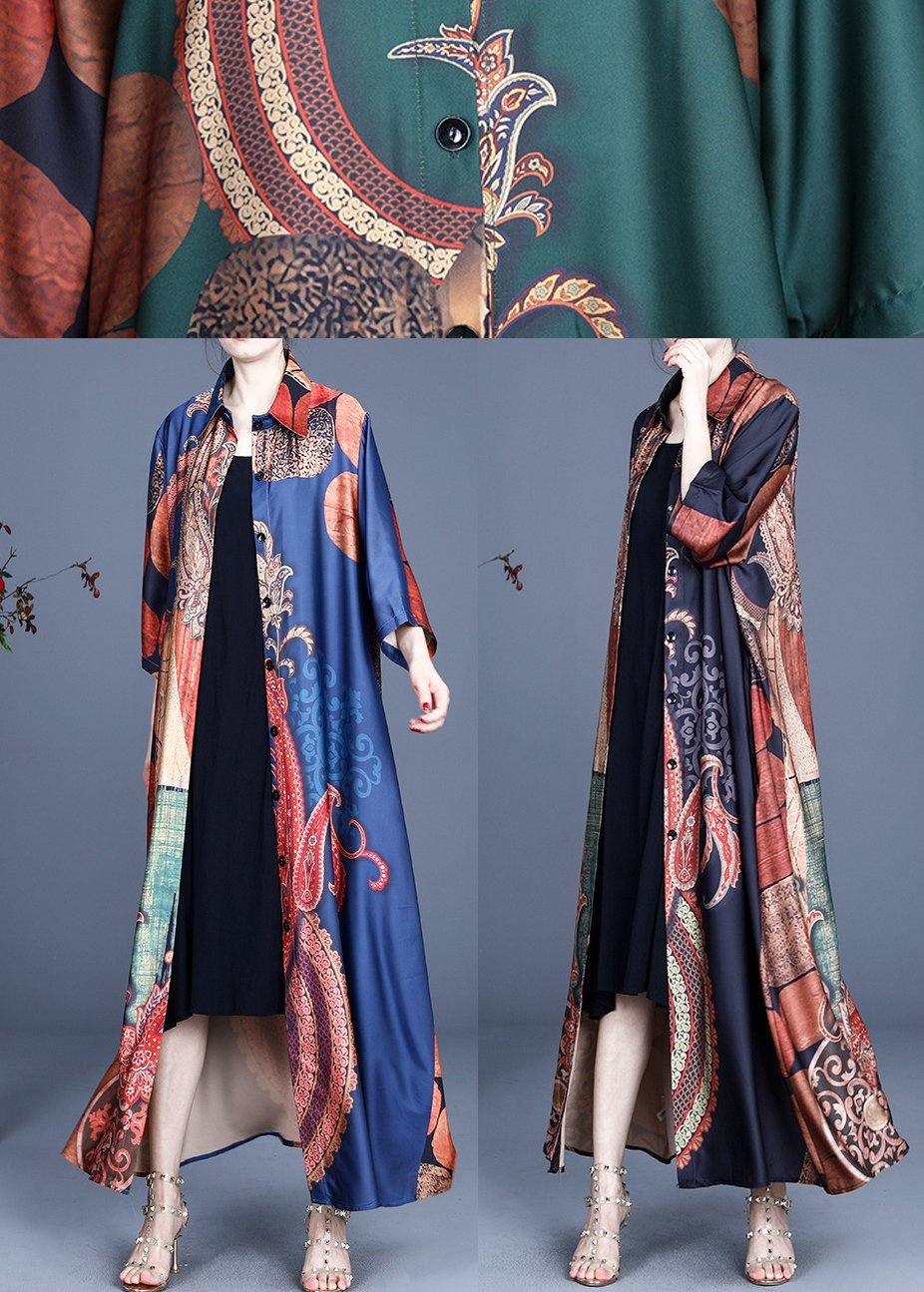 Style Green Print Summer Silk Half Sleeve Cardigans Long