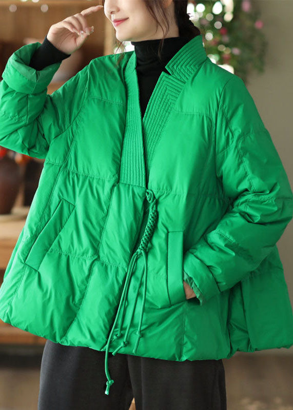 Style Green V Neck Oversized Oriental Button Cotton material Puffer Coat Winter