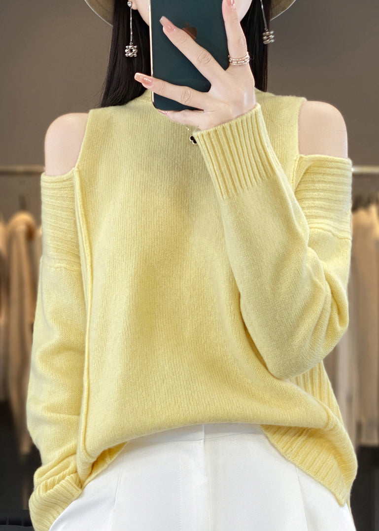 Style Grey O-Neck Cold Shoulder Woolen Knit Sweaters Spring