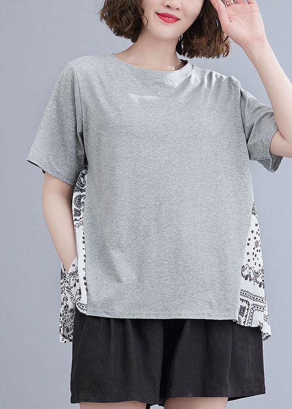 Style Grey Patchwork Print Half Sleeve Cotton Summer Tee