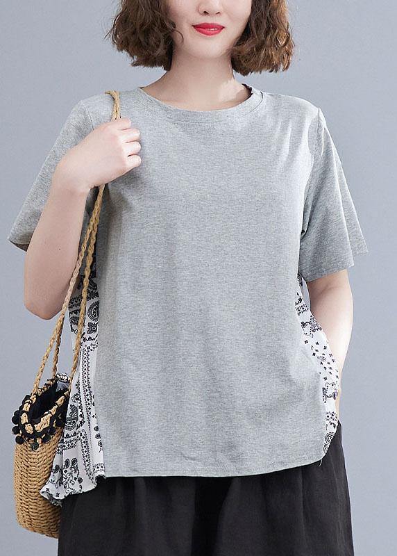 Style Grey Patchwork Print Half Sleeve Cotton Summer Tee